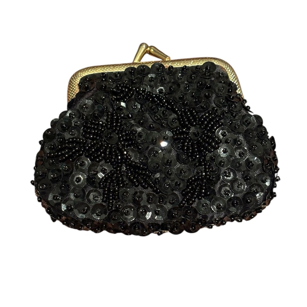 Black Beaded Sequined Vintage Evening Coin Purse